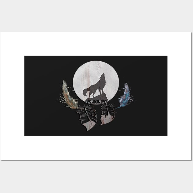 Cool Wolf Howling at Moon Graphic Design Feather Southwestern Dream Catcher Wall Art by tamdevo1